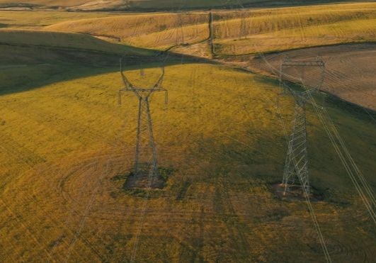 Power transmission lines in a field in Oregon.