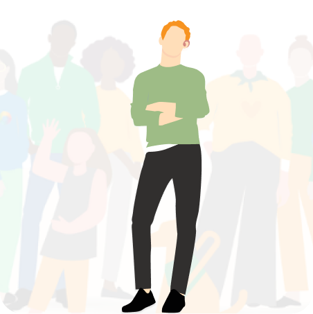 A image of a man in green sweater with a group of people behind him slightly grayed out