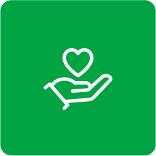 A white icon of a hand holding a heart on a green background.