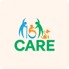 A logo for Avangrid's CARE business resource group. It has the letters CARE and two people standing, one sitting in a wheelchair, and a service dog.