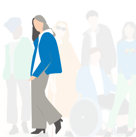 A older woman in a blue jacket in a grayed out crowd.