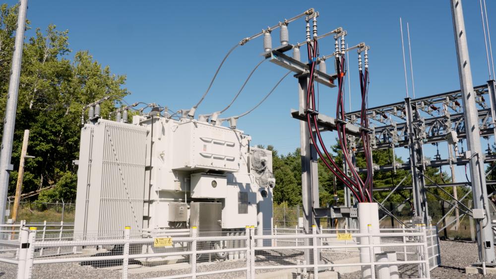 Photo of a transformer at a substation in Maine.
